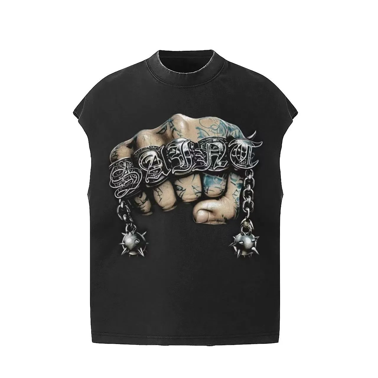 #VT036 P118💰 Saint Michael Iron Fist finger print vintage retro washed distressed sleeveless waistcoat T-shirt small neckline design white ink digital direct printing high street retro heavy distressed washed Vintage short sleeves Size: M L XL